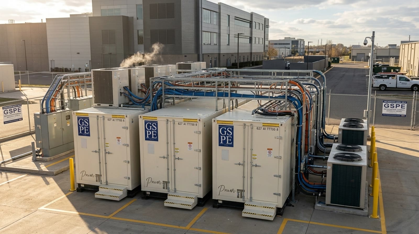 Three GSPE containerized data center units side by side on a concrete pad, overhead power and chilled-water piping linking them to a shared central plant