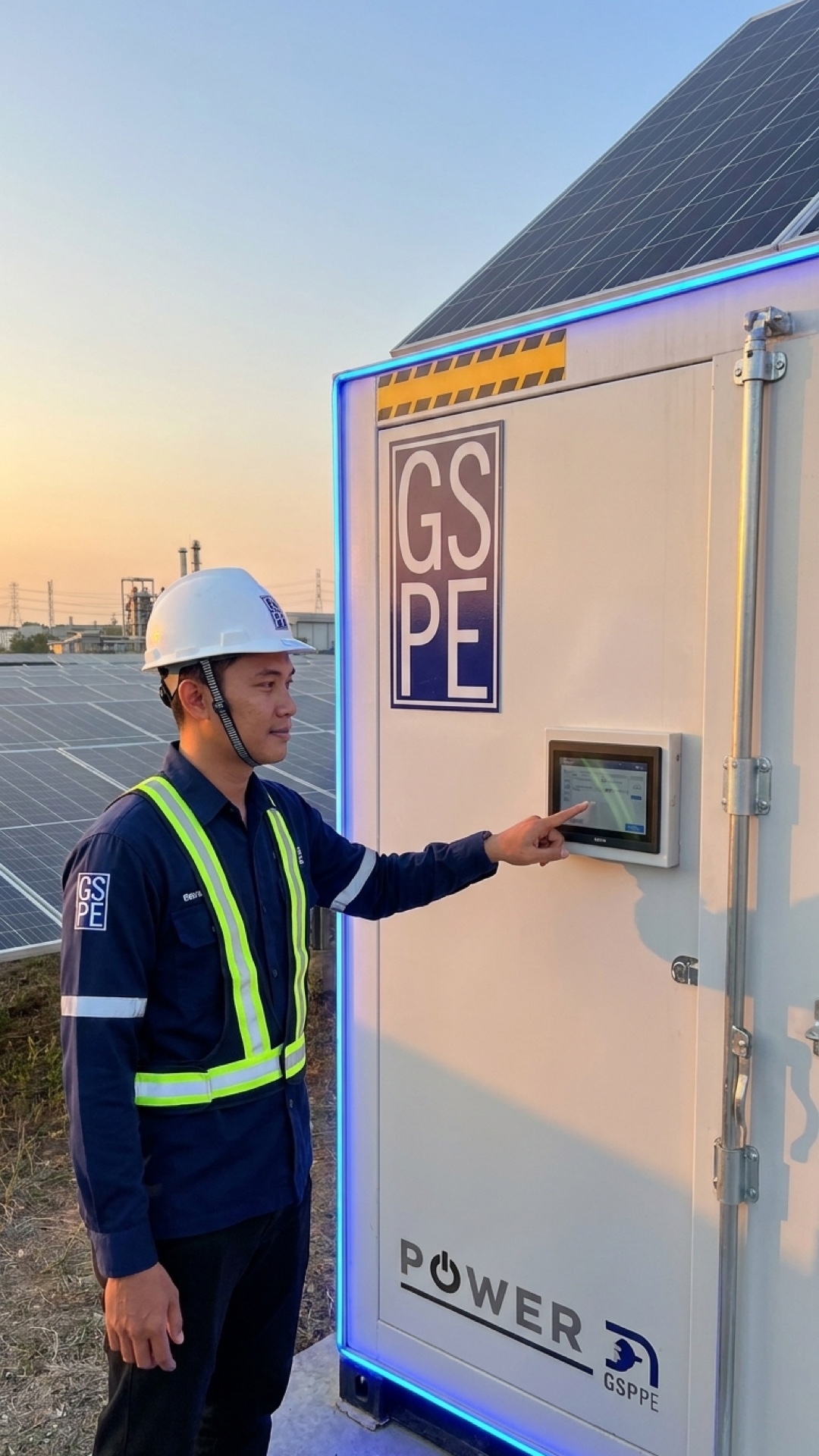 A GSPE engineer walking past a GSPE-branded containerized data center at golden hour