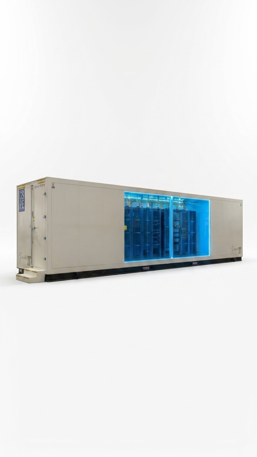 A GSPE containerized data center with the side panel open, showing the racks and contained aisle inside