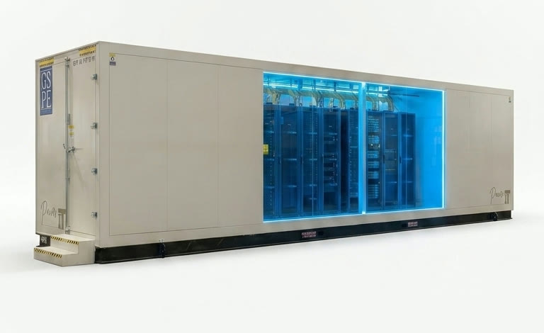 A single GSPE ISO container data center on a white studio background, blue-lit server racks visible through the cutaway side