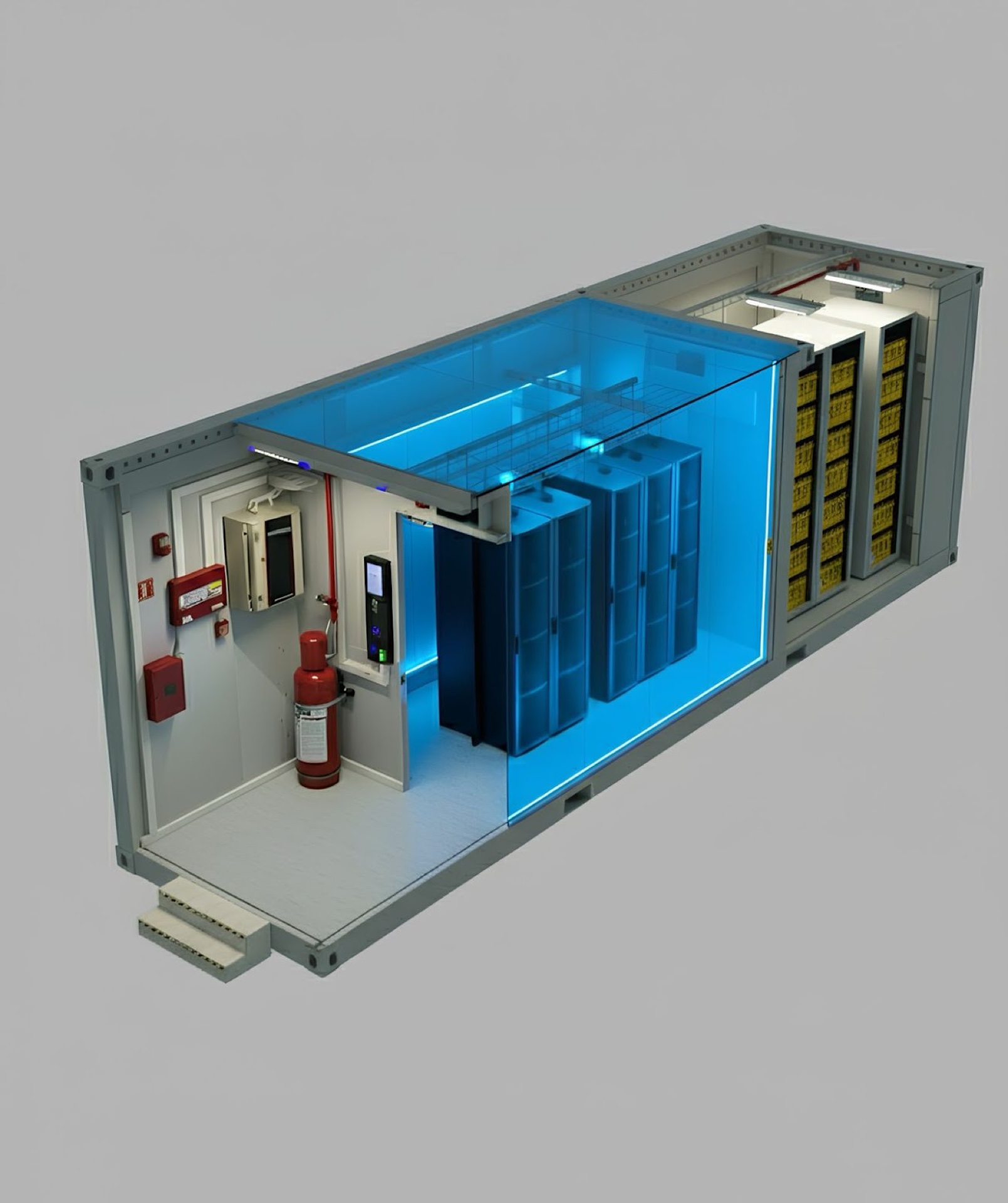 Exploded x-ray view of a GSPE container interior showing rack rows, the cooling plenum and the central walkway