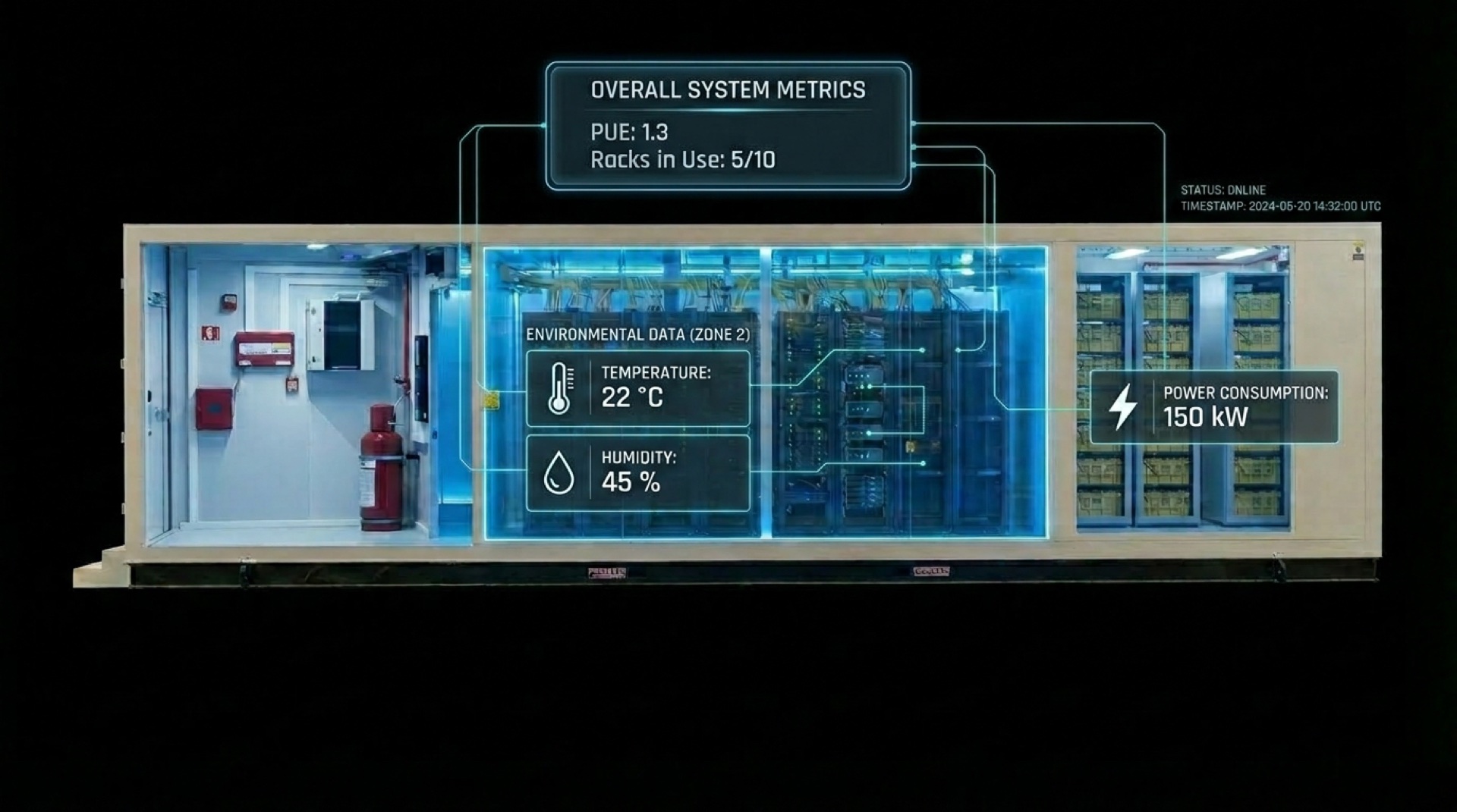 Interior of a GSPE containerized data center with the door open, server racks lit blue and an engineer at the aisle