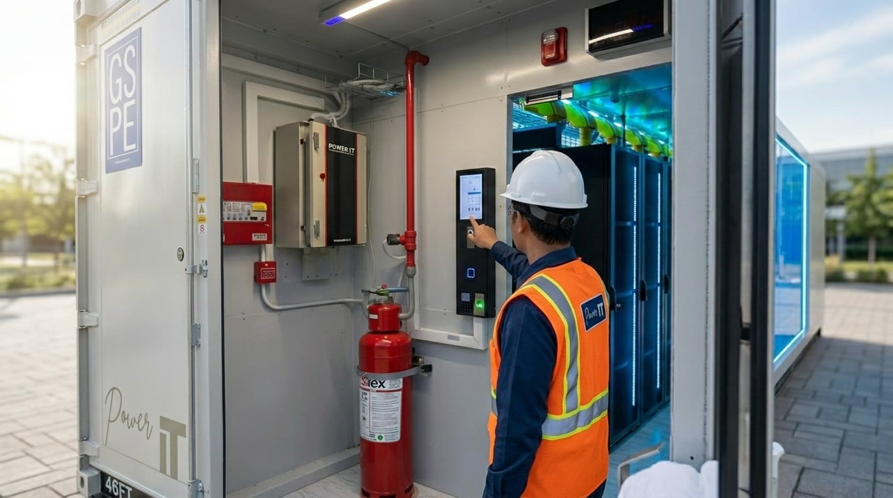A GSPE engineer at a containerized data center door operating the biometric access-control panel, clean-agent fire cylinder and server racks visible inside
