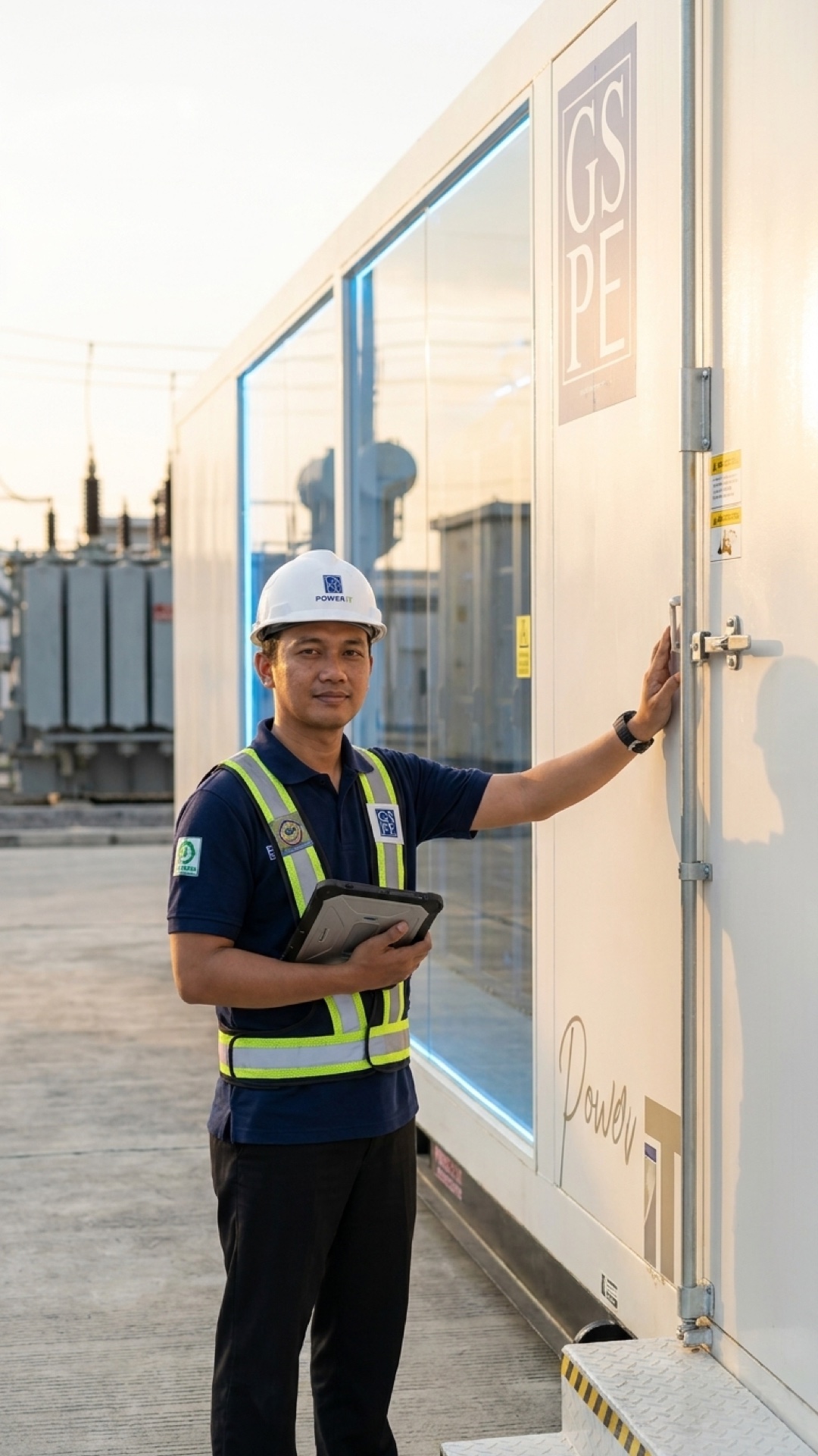 Two GSPE engineers in hi-vis vests inspecting a containerized data center module on the factory floor